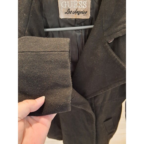Guess Black Double Breasted Peacoat Wide Shawl Collar Fitted Wool Blend S 2000s - Picture 2 of 8